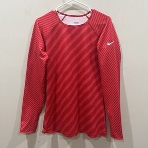 Women's Nike Pro Dri-Fit Athletic Running Top Red Striped Long Sleeve Large NWOT